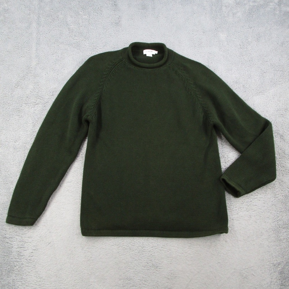 J.Crew Mens Roll Neck Sweater Forest Green Cotton Knit Raglan Large